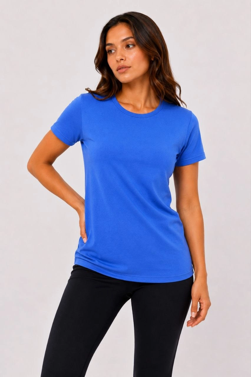 Kadın Basic Tişört Bisiklet Yaka Kısa Kol Günlük Yazlık Slim fit T-Shirt - Mavi