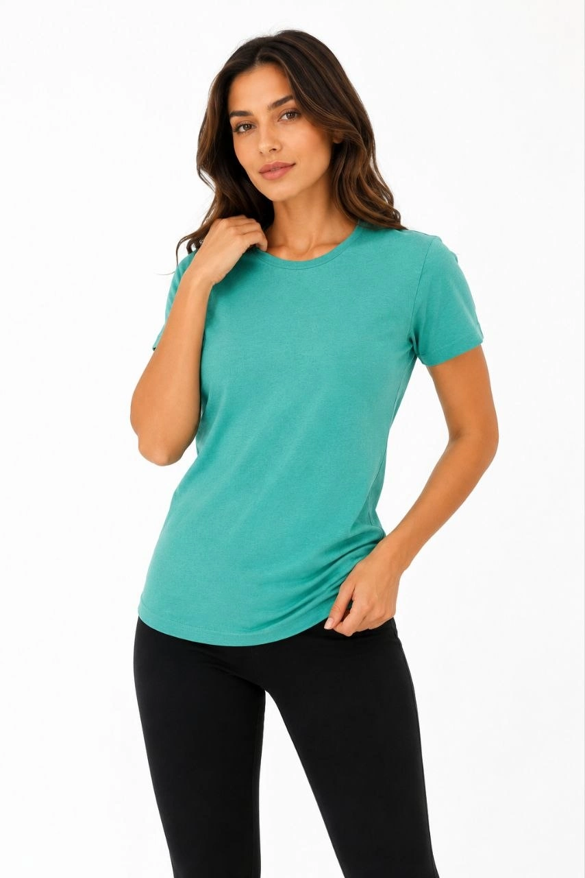 Kadın Basic Tişört Bisiklet Yaka Kısa Kol Günlük Yazlık Slim fit T-Shirt - Su Yeşili