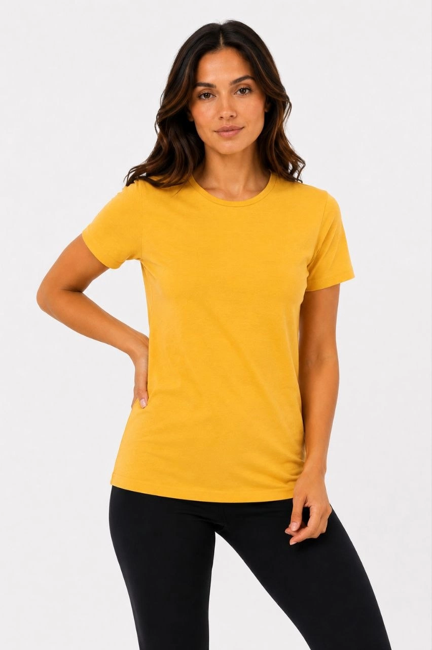 Kadın Basic Tişört Bisiklet Yaka Kısa Kol Günlük Yazlık Slim fit T-Shirt - Sarı