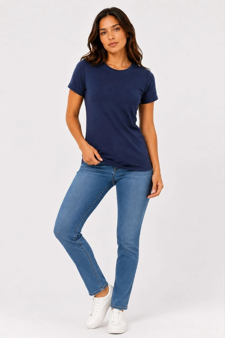 Kadın Basic Tişört Bisiklet Yaka Kısa Kol Günlük Yazlık Slim fit T-Shirt - Lacivert