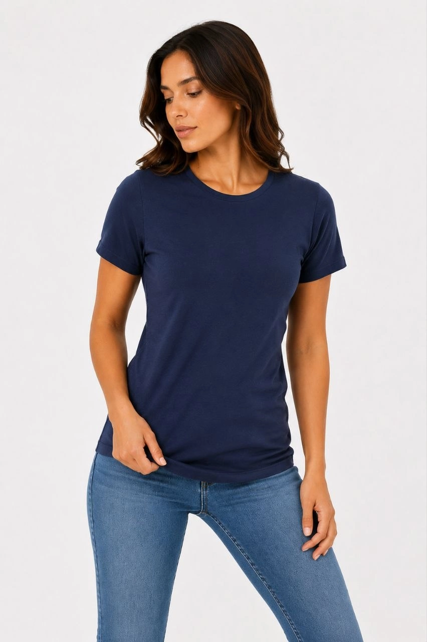 Kadın Basic Tişört Bisiklet Yaka Kısa Kol Günlük Yazlık Slim fit T-Shirt - Lacivert