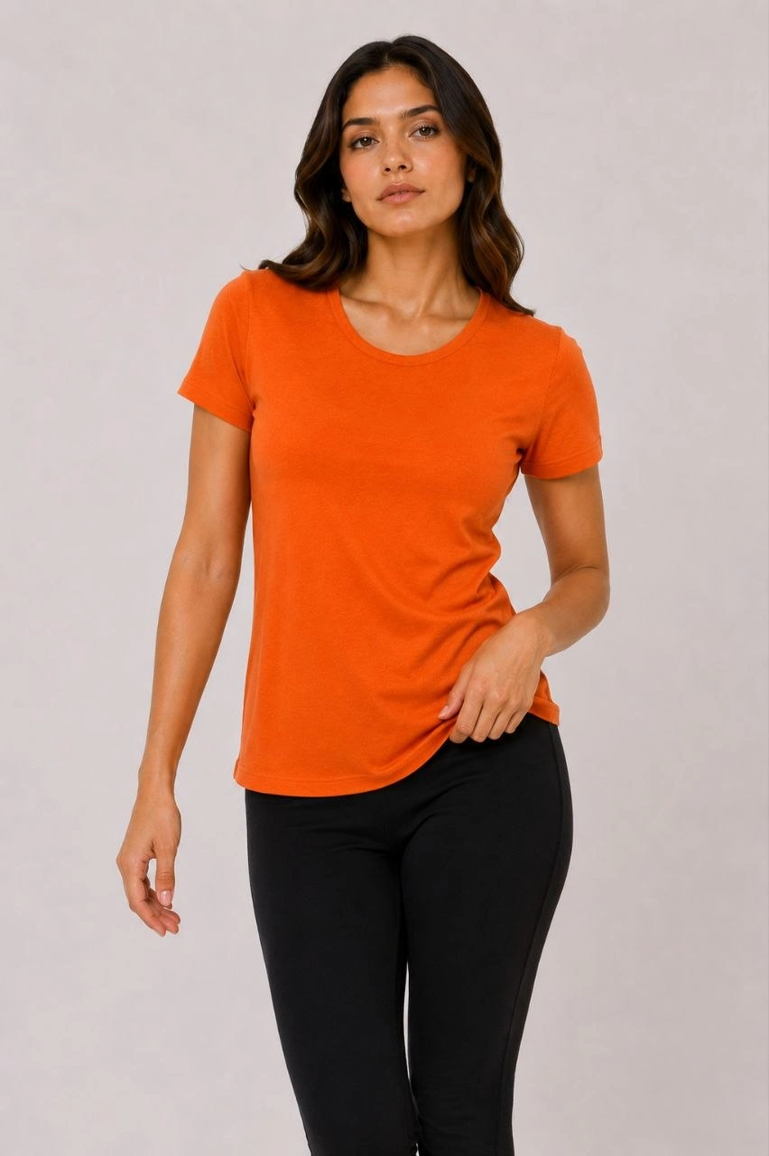 Kadın Basic Tişört Bisiklet Yaka Kısa Kol Günlük Yazlık Slim fit T-Shirt - Turuncu