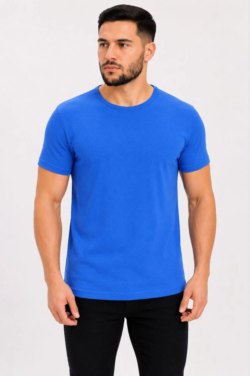 Erkek Basic Tişört Bisiklet Yaka Kısa Kol Günlük Yazlık Slim fit T-Shirt - Saks Mavisi