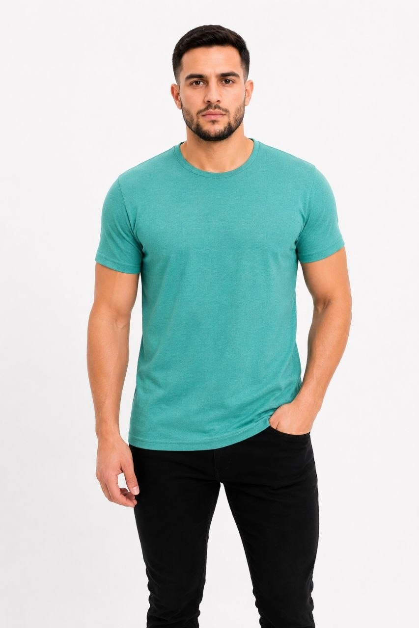 Erkek Basic Tişört Bisiklet Yaka Kısa Kol Günlük Yazlık Slim fit T-Shirt - Su Yeşili