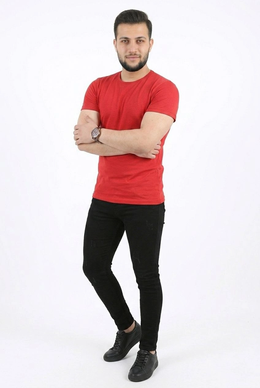 Erkek Basic Tişört Bisiklet Yaka Kısa Kol Günlük Yazlık Slim fit T-Shirt - Kırmızı