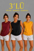 Kadın 3’lü Kolsuz Sporcu Atlet Seti Yazlık Bisiklet Yaka - Siyah, Bordo, Hardal