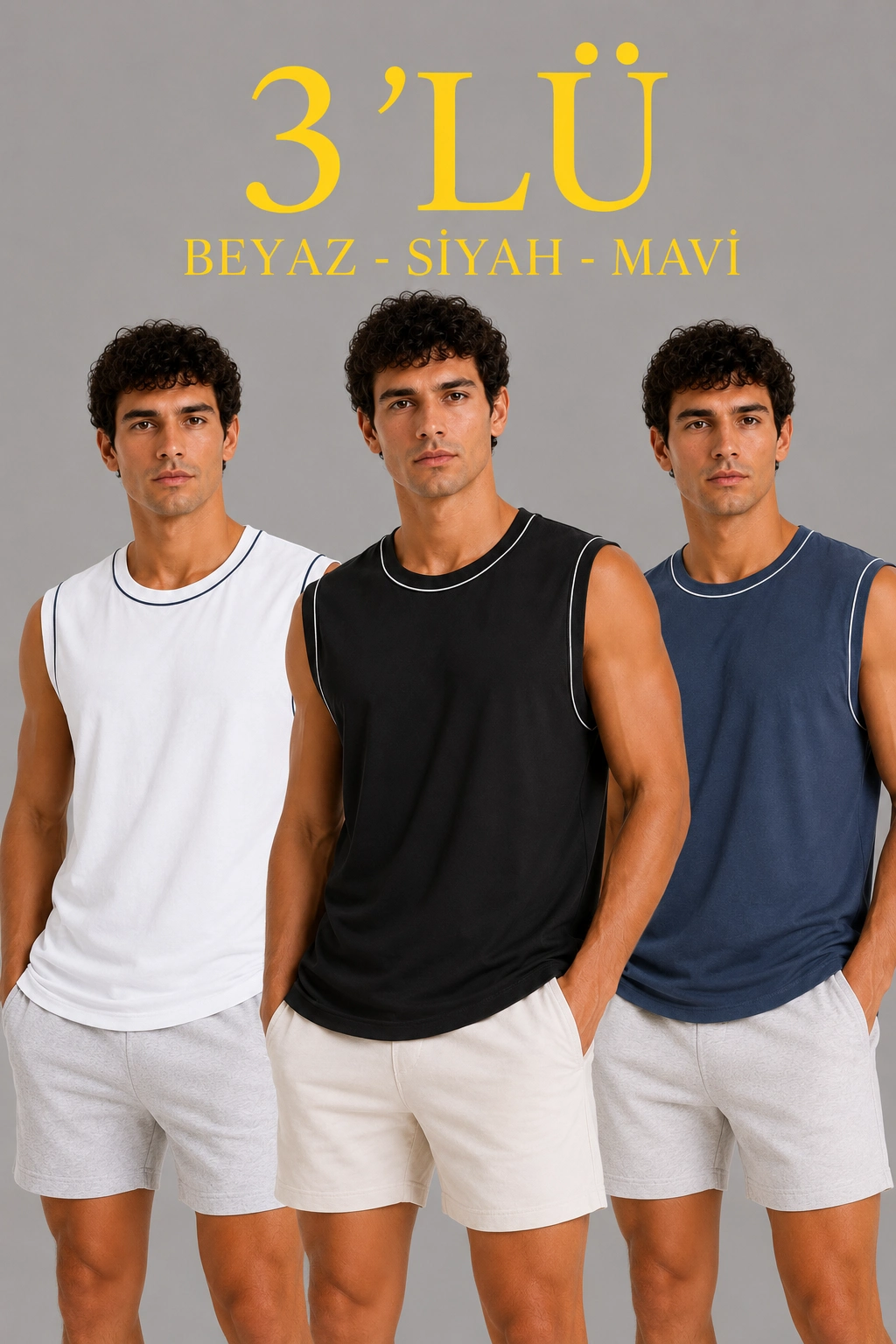 Erkek 3’lü Kolsuz Sporcu Atlet Seti Yazlık Bisiklet Yaka - Siyah, Beyaz, İndigo