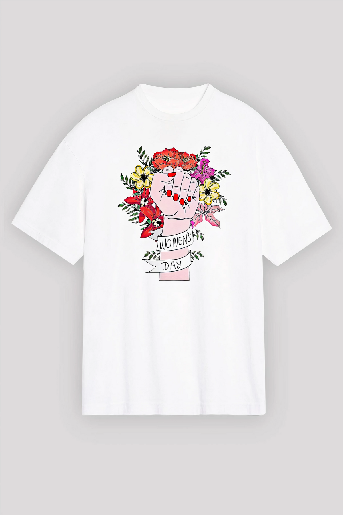 8 Mart Dünya Kadınlar Günü Baskılı Oversize Bisiklet Yaka T-shirt - Beyaz