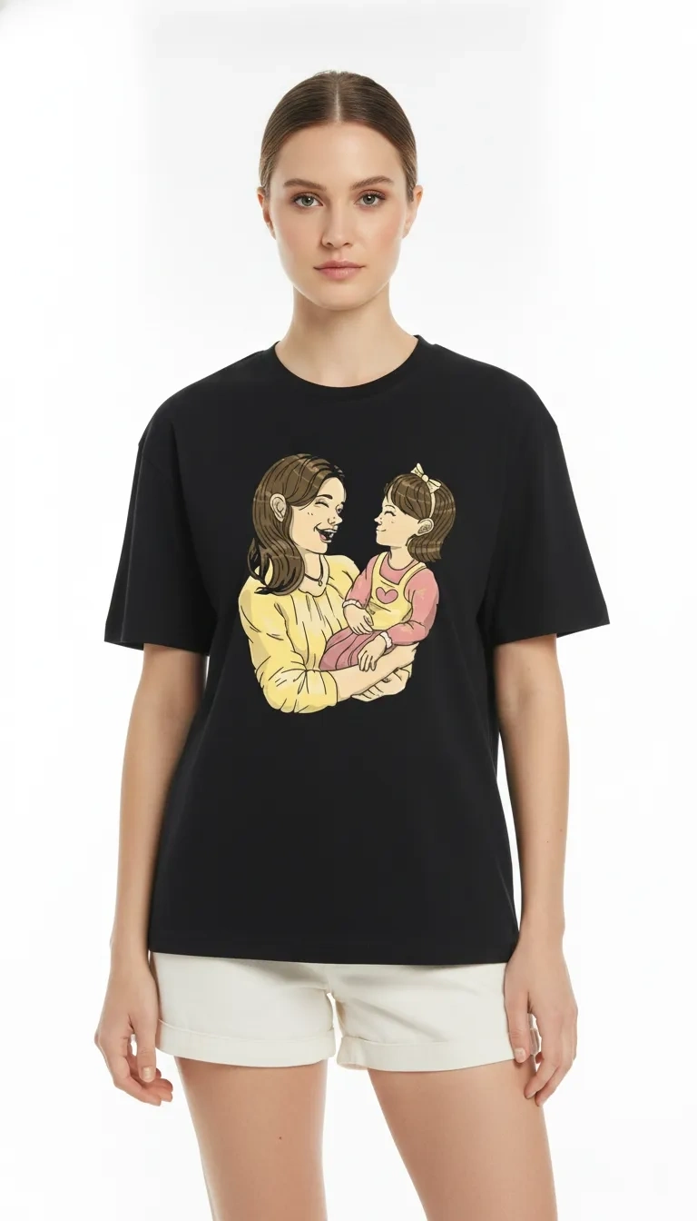 Anneler Günü Hediye Anne Kız Temalı Baskılı Oversize Bisiklet Yaka T-shirt - Siyah