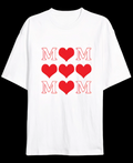 Anneler Günü Hediye MOM Kalp Baskılı Oversize Bisiklet Yaka T-shirt - Beyaz