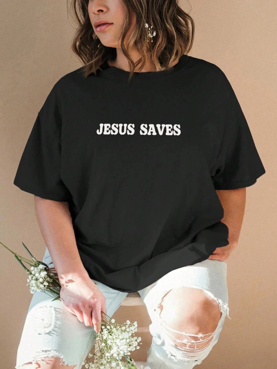 Kadın Baskılı T-Shirt Kısa Kol Bisiklet Yaka Oversize Rahat Kalıp Tişört - Siyah