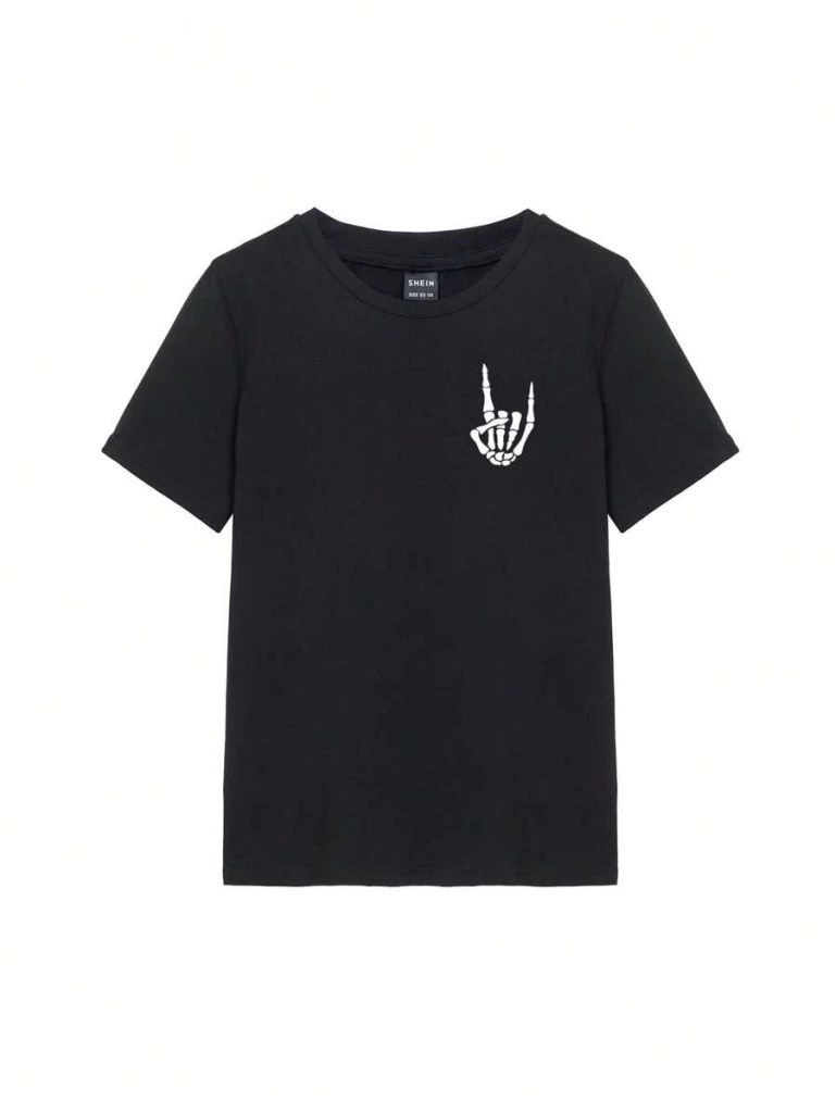 Kadın Baskılı T-Shirt Kısa Kol Bisiklet Yaka Oversize Rahat Kalıp Tişört - Siyah