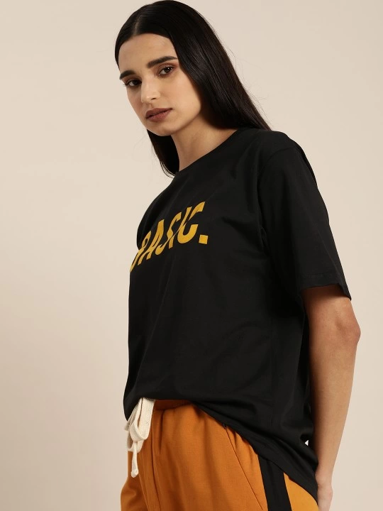 Kadın Kısa Kol Yazlık Tişört Bisiklet Yaka BASIC Baskılı T-Shirt - Siyah