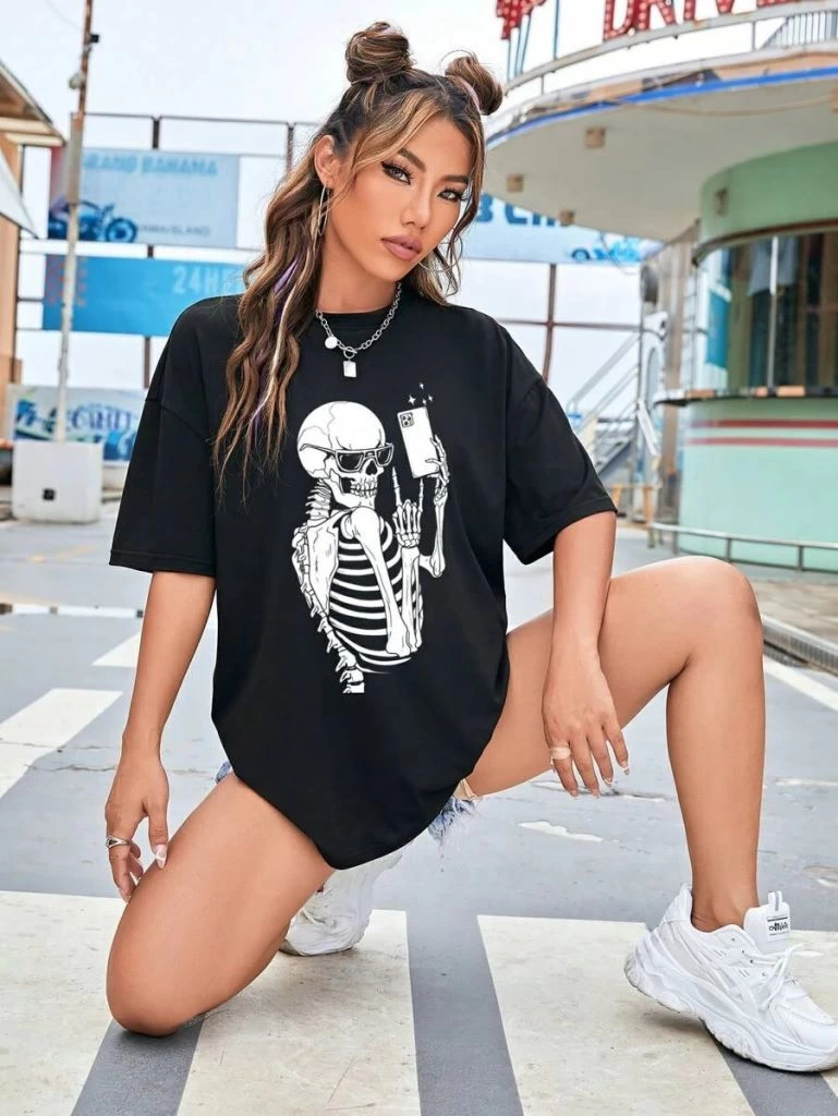 Kadın iskelet Baskılı T-Shirt Kısa Kol Bisiklet Yaka Oversize Tişört - Siyah