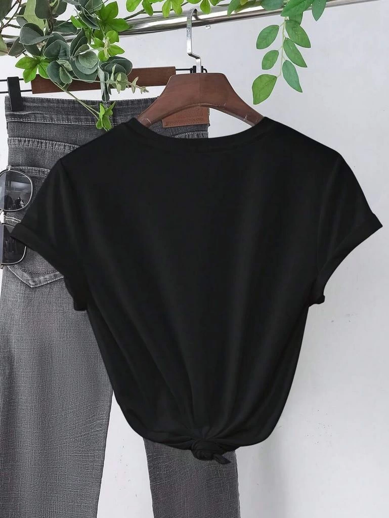 Kadın Kısa Kol Yazlık Tişört Bisiklet Yaka Baskılı Oversize T-Shirt - Siyah