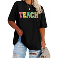 Kadın Baskılı T-Shirt Kısa Kol Bisiklet Yaka Oversize Rahat Kalıp Tişört - Siyah