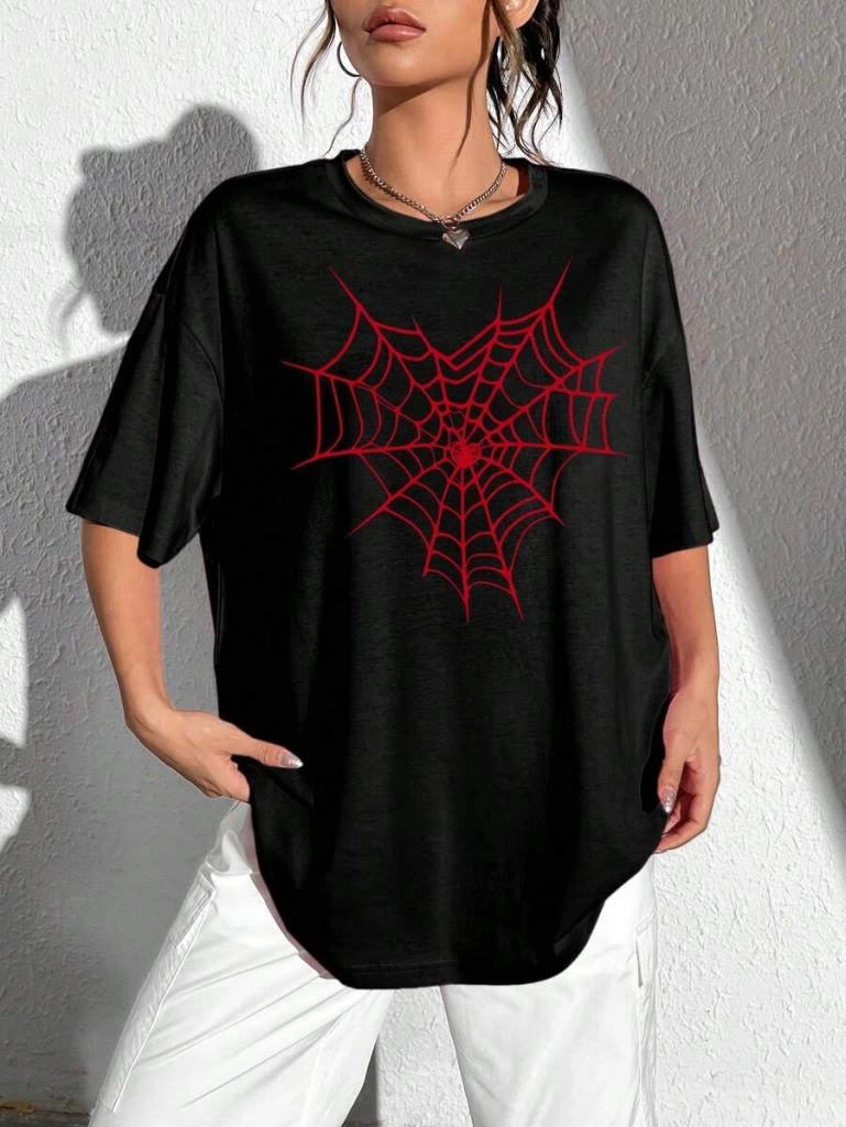 Kadın Örümcek Ağ Baskılı T-Shirt Kısa Kol Bisiklet Yaka Oversize Tişört - Siyah