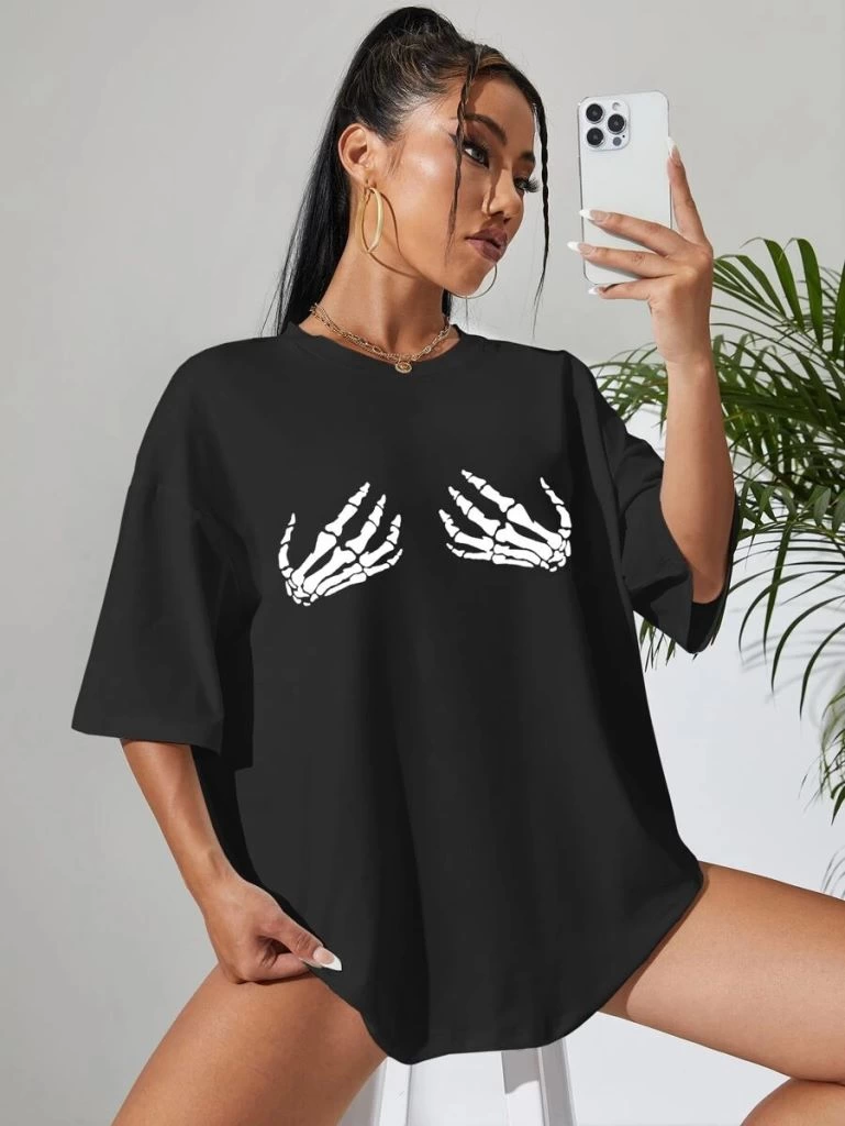 Kadın Baskılı T-Shirt Kısa Kol Bisiklet Yaka Oversize Rahat Kalıp Tişört - Siyah