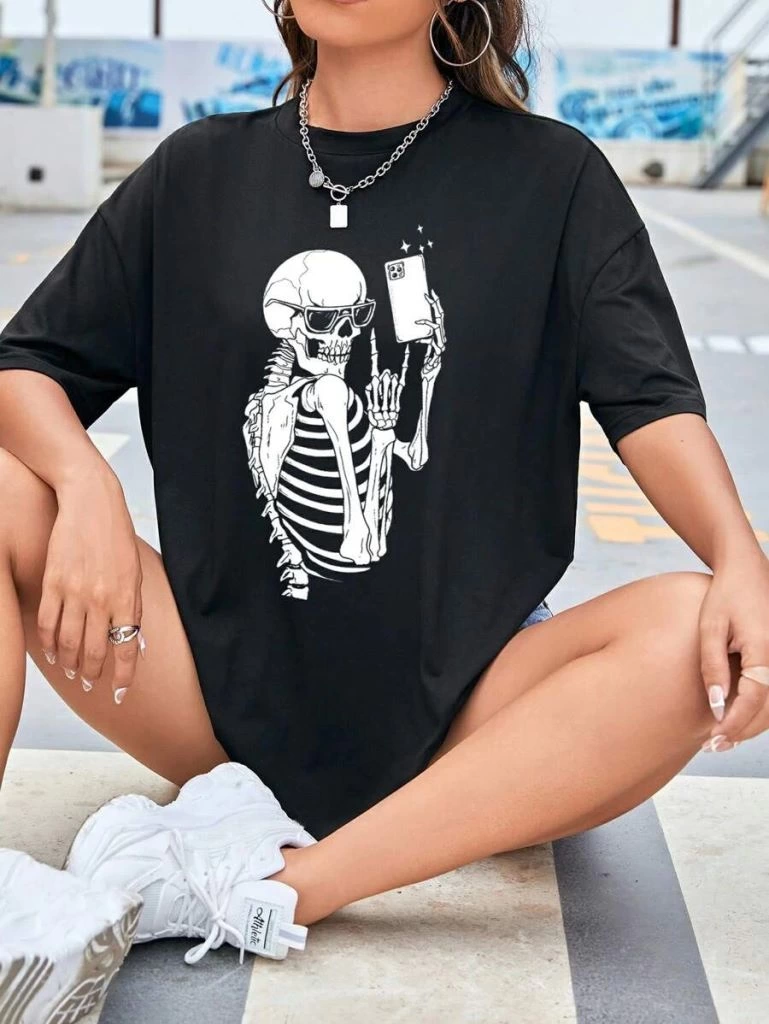 Kadın iskelet Baskılı T-Shirt Kısa Kol Bisiklet Yaka Oversize Tişört - Siyah