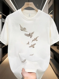 ERKEK Bisiklet yaka Tişört Özgür kuşlar Baskılı kısa kol T-shirt - Beyaz
