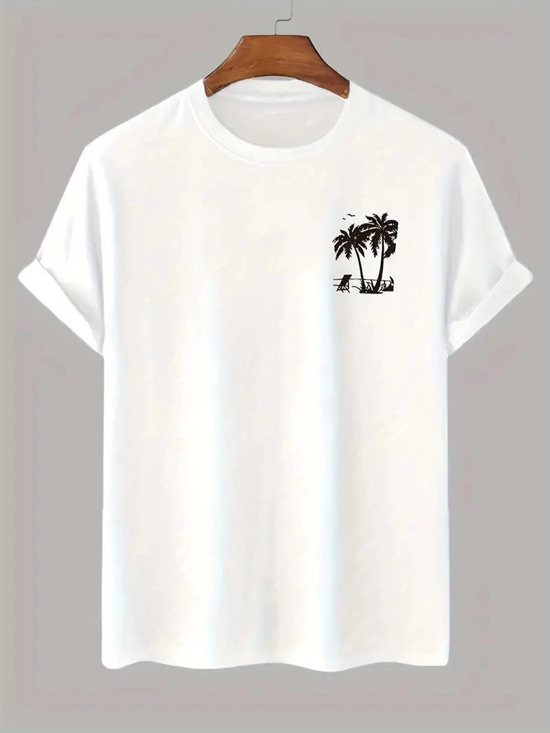 Erkek Tişört Palmiye Baskılı Bisiklet Yaka Kısa Kol T-Shirt - Beyaz