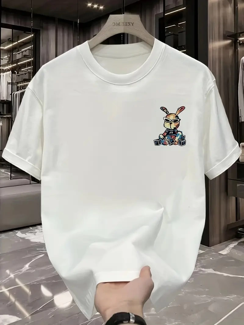 Erkek T-shirt Tavşan Baskılı Kısa Kollu Tişört - Beyaz