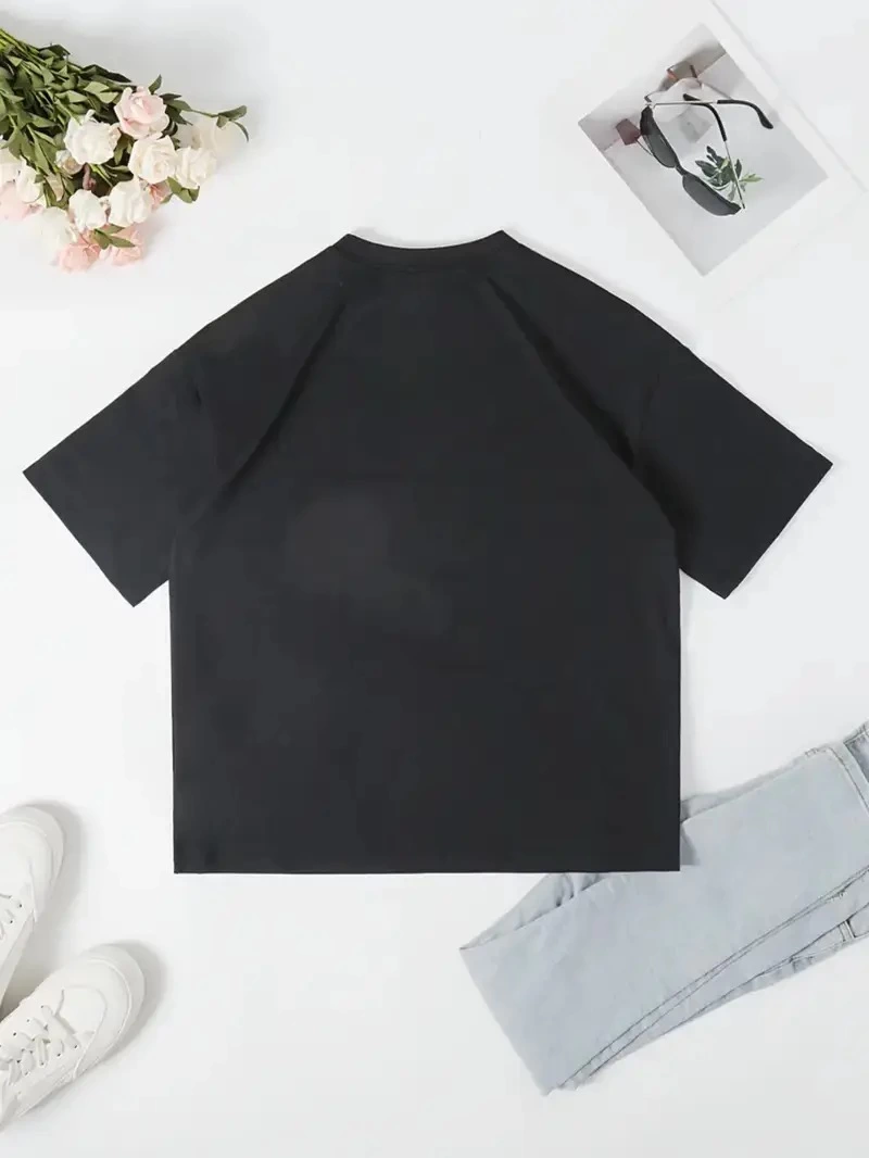 Kadın T-Shirt Ördek Baskılı Bisiklet Yakalı Kısa kol Tişört - Siyah