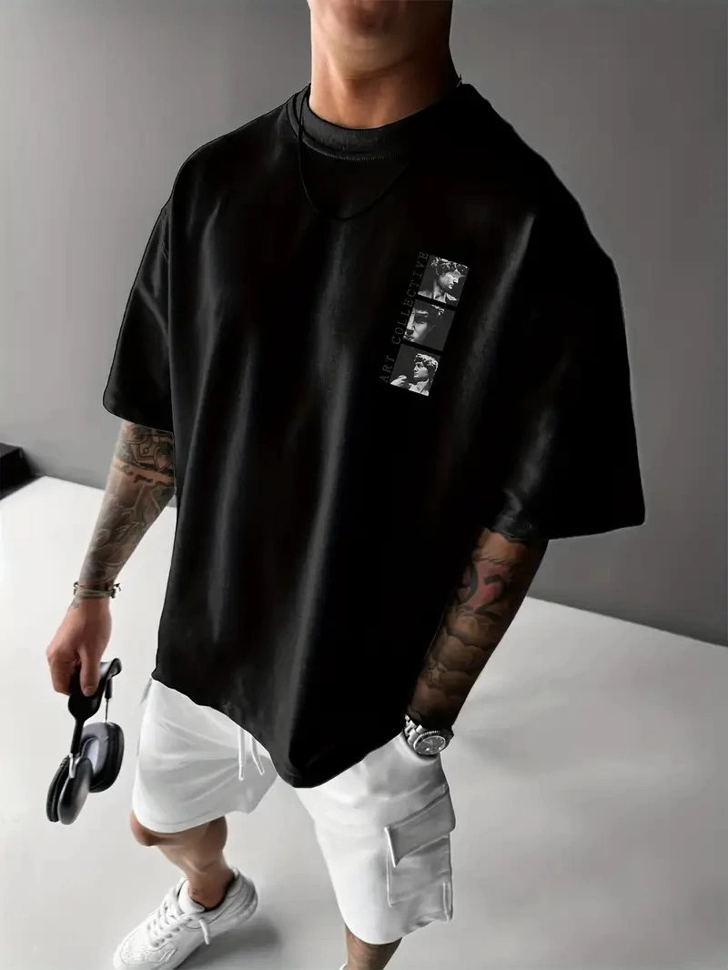 Erkek T-Shirt Sokak Stili Baskılı Kısa kol Tişört - Siyah