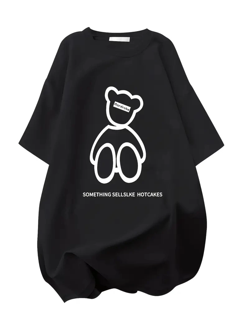 Kadın Tişört Penye Compack Baskılı Oversize Bisiklet Yaka T-shirt - Siyah