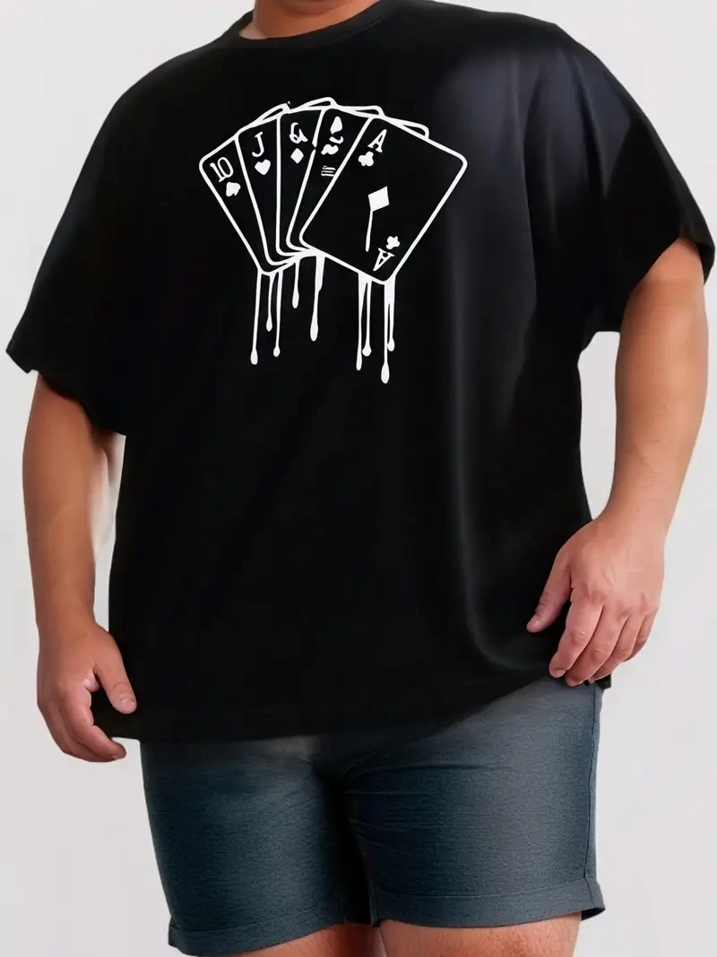 Erkek Kısa Kol Yazlık Tişört Bisiklet Yaka KART Baskılı T-Shirt - Siyah