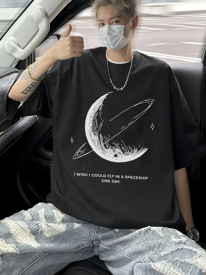 Erkek Baskılı Tişört Kısa Kol Bisiklet Yaka Oversize T-Shirt - - Siyah