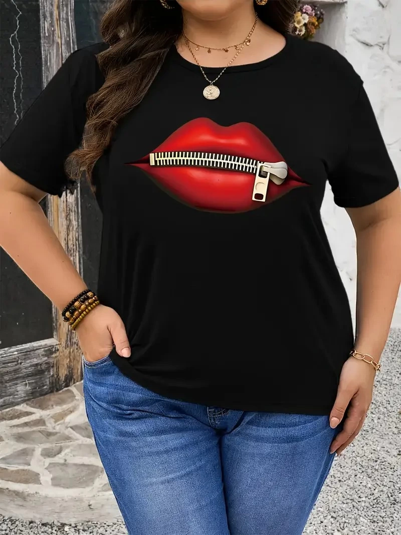 Kadın Kısa Kol Yazlık Tişört Bisiklet Yaka Dudak Baskılı T-Shirt - Siyah
