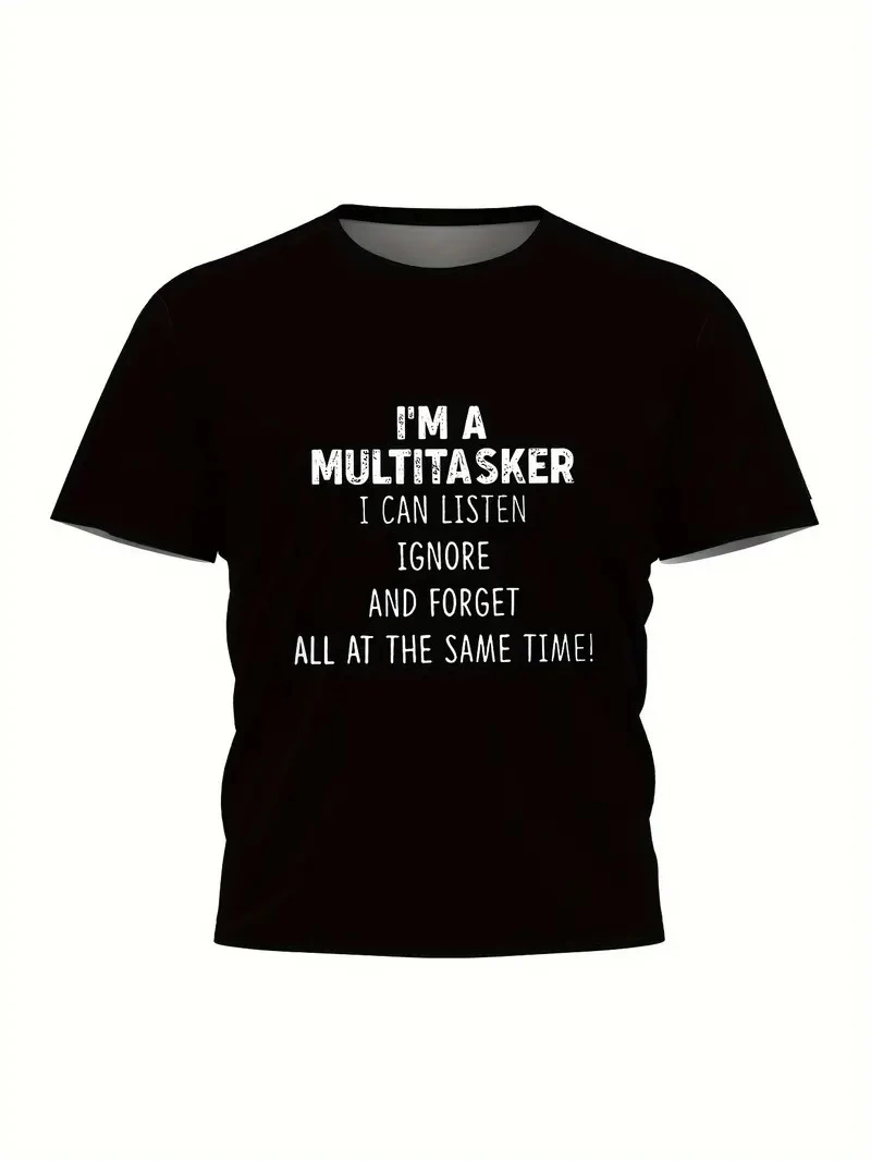 Erkek T-shirt Komik 'Multitasker' Baskılı Kısa kol Tişört - Siyah