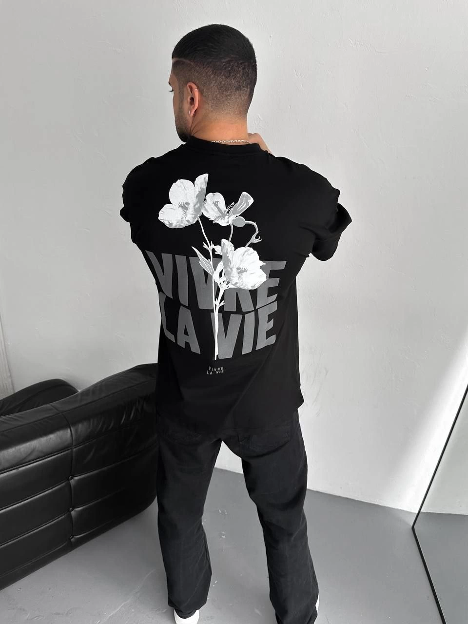 Erkek Ön ve Arka Baskılı T-Shirt Kısa Kol Bisiklet Yaka Regular Fit Tişört -  Siyah