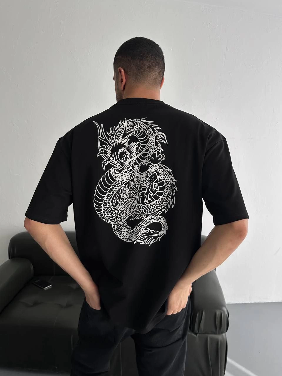 Erkek Ön ve Arka Baskılı T-Shirt Kısa Kol Bisiklet Yaka Regular Fit Tişört - Siyah