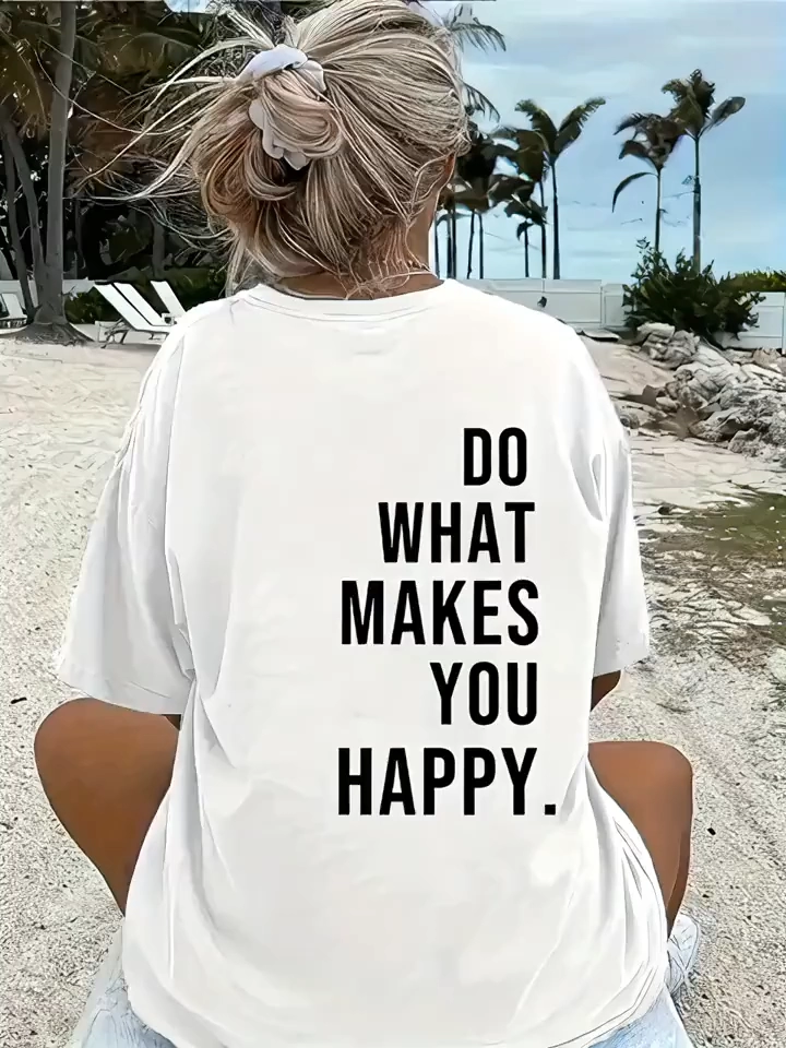 Kadın Kısa Kol Yazlık Tişört Bisiklet Yaka Baskılı Oversize T-Shirt - Beyaz