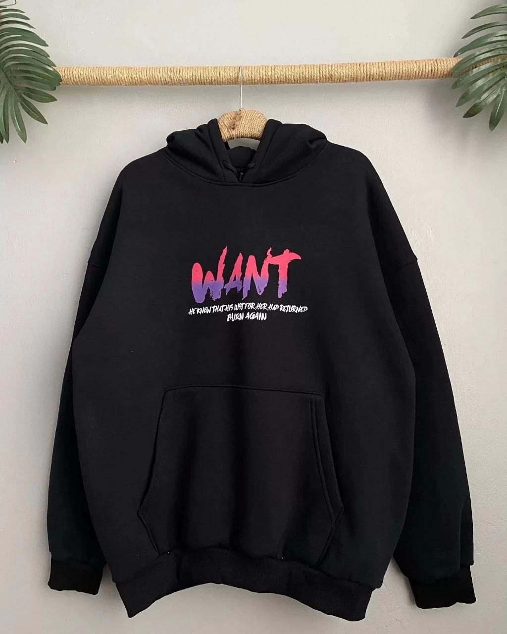 Kadın Oversize Kapüşonlu Cepli WANT Baskılı 3 İplik Pamuklu Hoodie Sweatshirt - Siyah