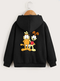 Çocuk Unisex Kapüşonlu Ön ve Arka Garfield Baskılı Sweatshirt - Siyah