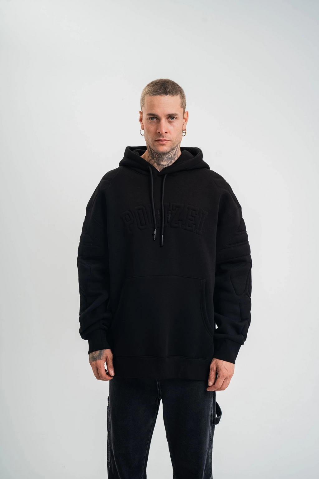 Erkek 3 İplik Pamuklu Oversize Kapüşonlu Nakışlı Hoodie SweatShirt - Siyah