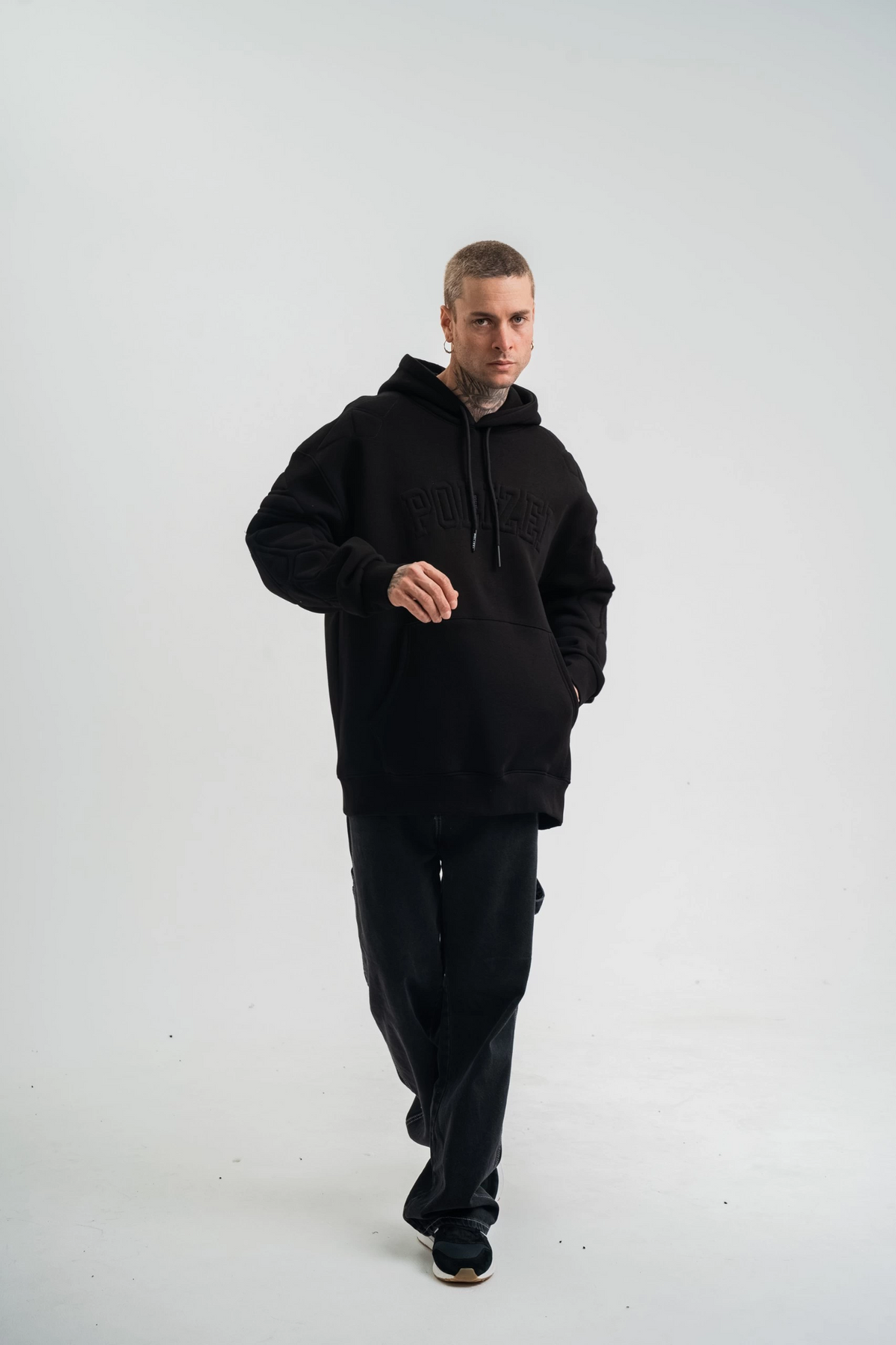 Erkek 3 İplik Pamuklu Oversize Kapüşonlu Nakışlı Hoodie SweatShirt - Siyah
