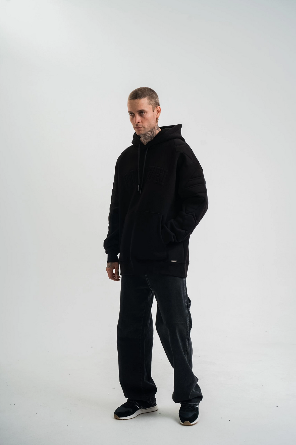 Erkek 3 İplik Pamuklu Oversize Kapüşonlu Nakışlı Hoodie SweatShirt - Siyah