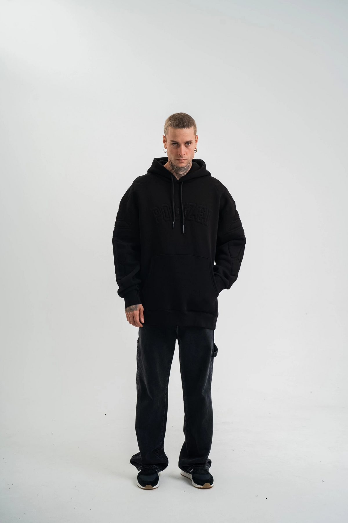 Erkek 3 İplik Pamuklu Oversize Kapüşonlu Nakışlı Hoodie SweatShirt - Siyah