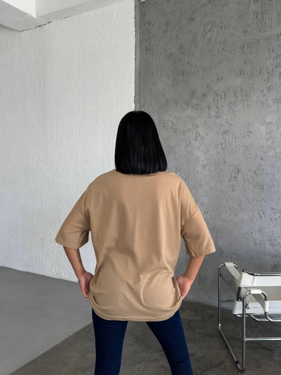 Kadın Düz T-Shirt Kısa Kol Bisiklet Yaka Oversize Rahat Kalıp Günlük Tişört - Bej