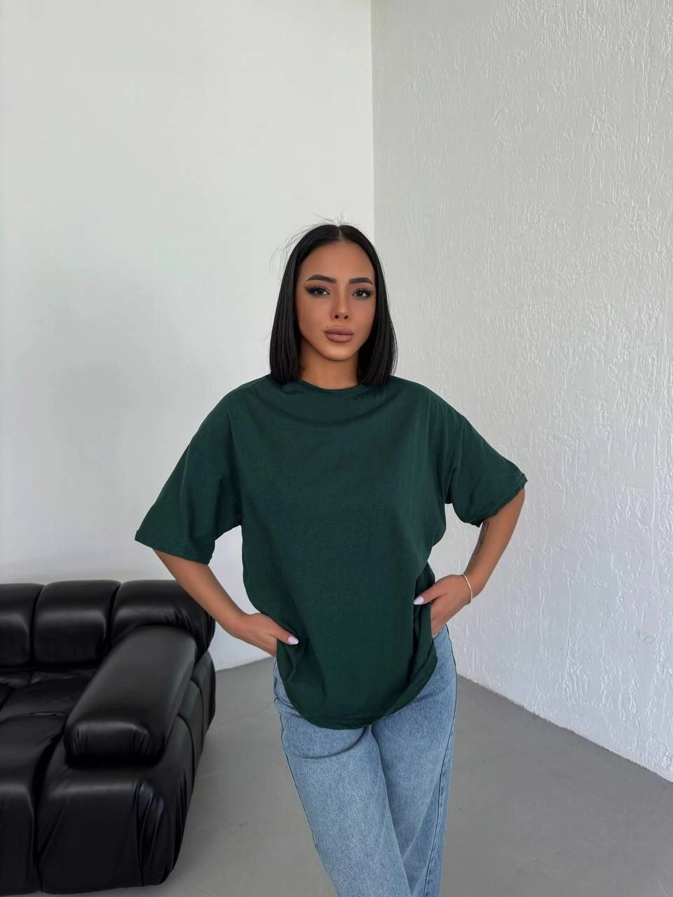 Kadın Düz T-Shirt Kısa Kol Bisiklet Yaka Oversize Rahat Kalıp Günlük Tişört - Haki