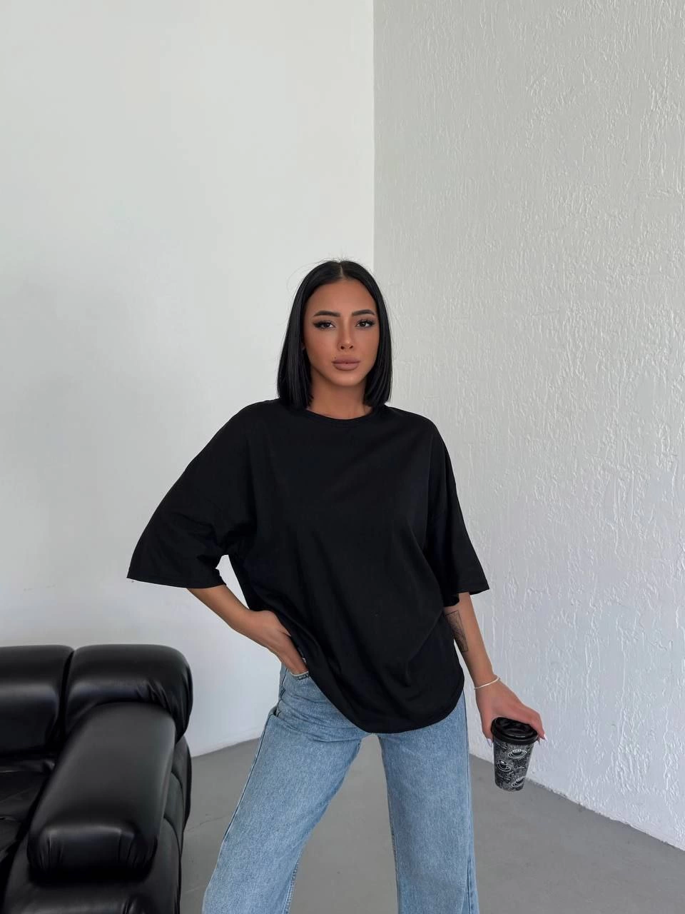 Kadın Düz T-Shirt Kısa Kol Bisiklet Yaka Oversize Tişört - Siyah