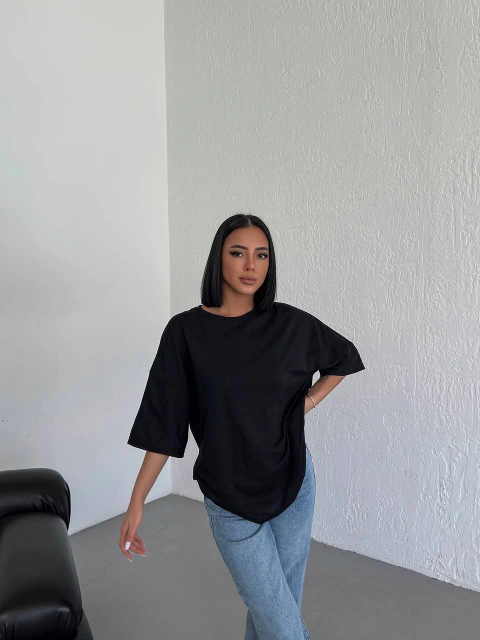 Kadın Düz T-Shirt Kısa Kol Bisiklet Yaka Oversize Tişört - Siyah