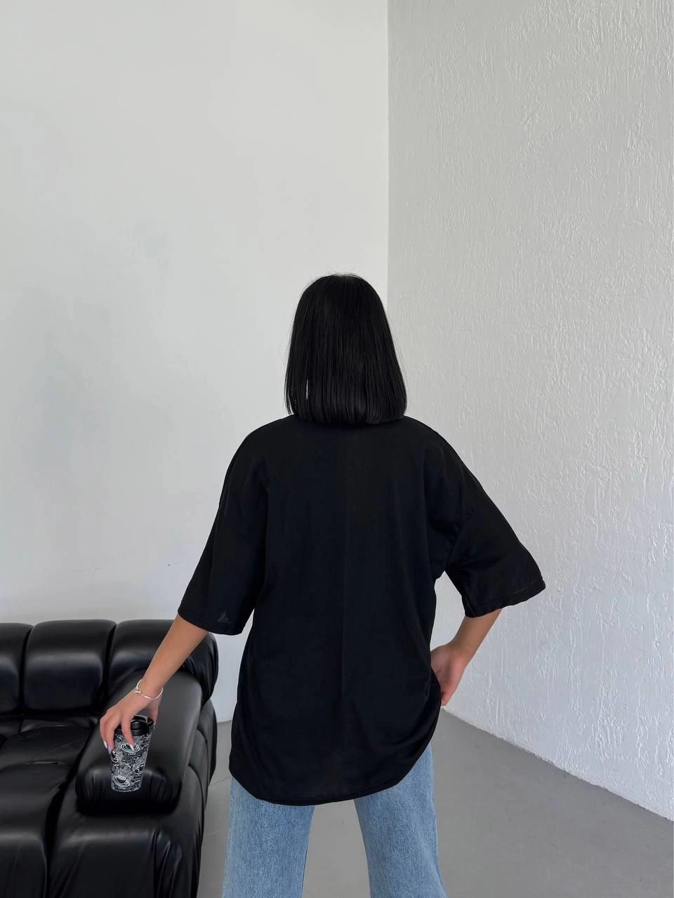 Kadın Düz T-Shirt Kısa Kol Bisiklet Yaka Oversize Tişört - Siyah