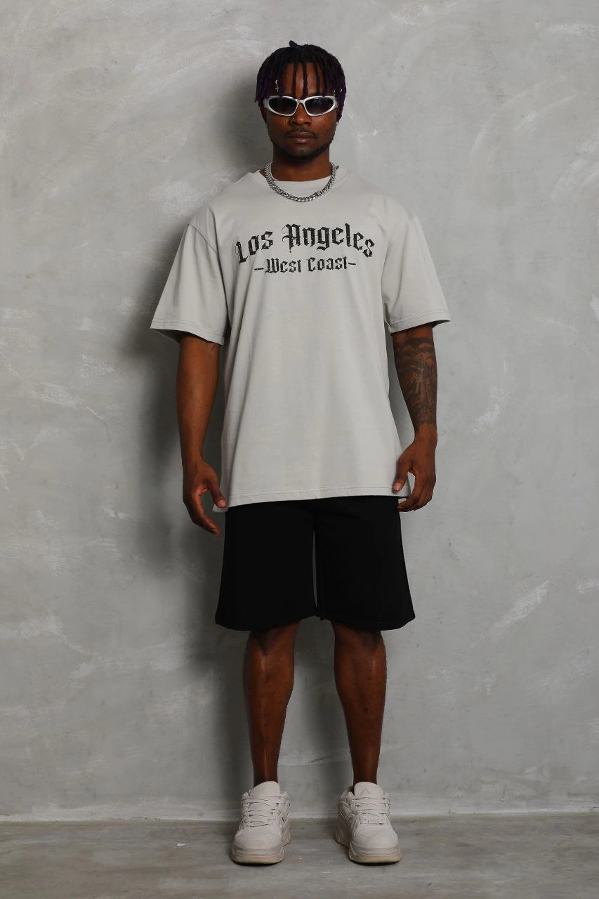 Erkek Baskılı Tişört Kısa Kol Bisiklet Yaka Oversize T-Shirt - Gri