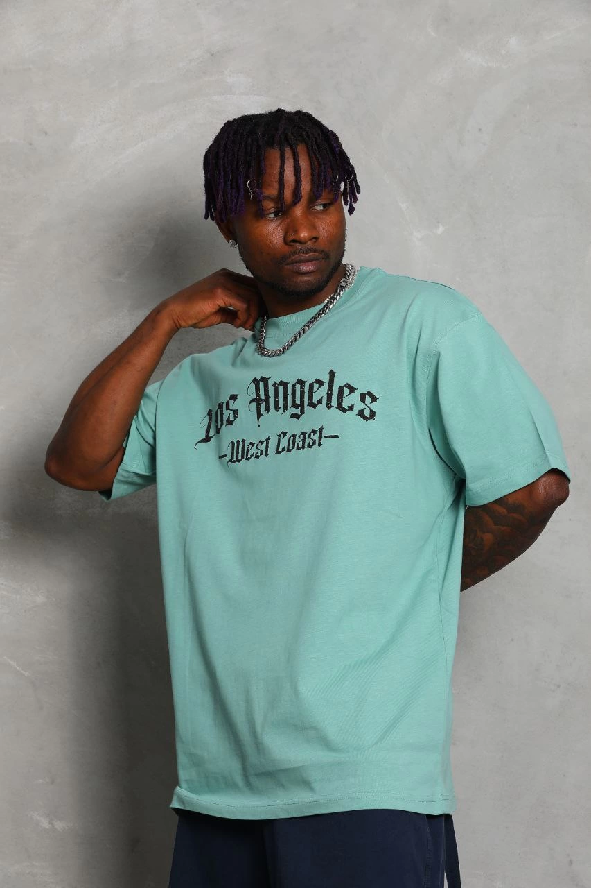 Erkek Kısa Kol Tişört Bisiklet Yaka KANAT Baskılı Oversize T-Shirt - Mint Yeşili