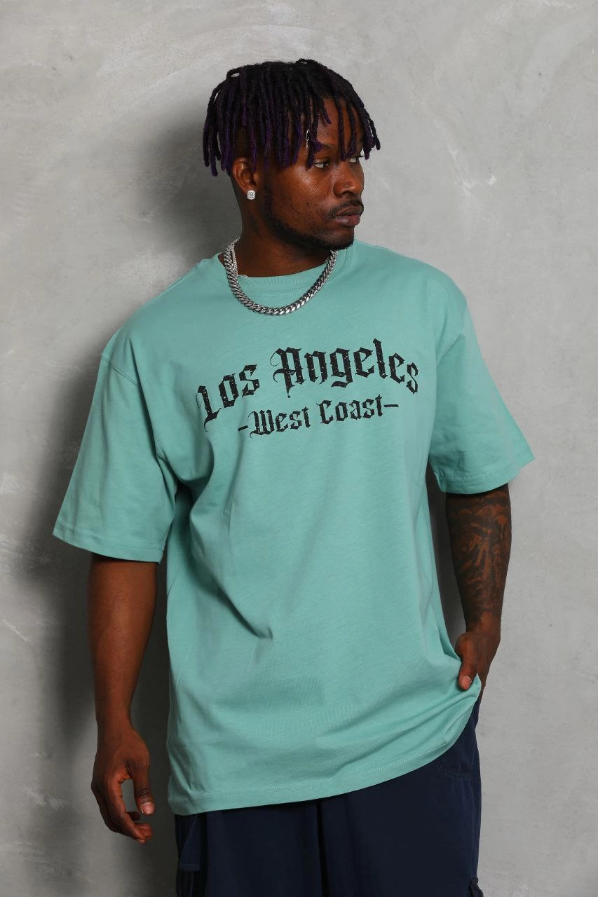 Erkek Kısa Kol Tişört Bisiklet Yaka KANAT Baskılı Oversize T-Shirt - Mint Yeşili